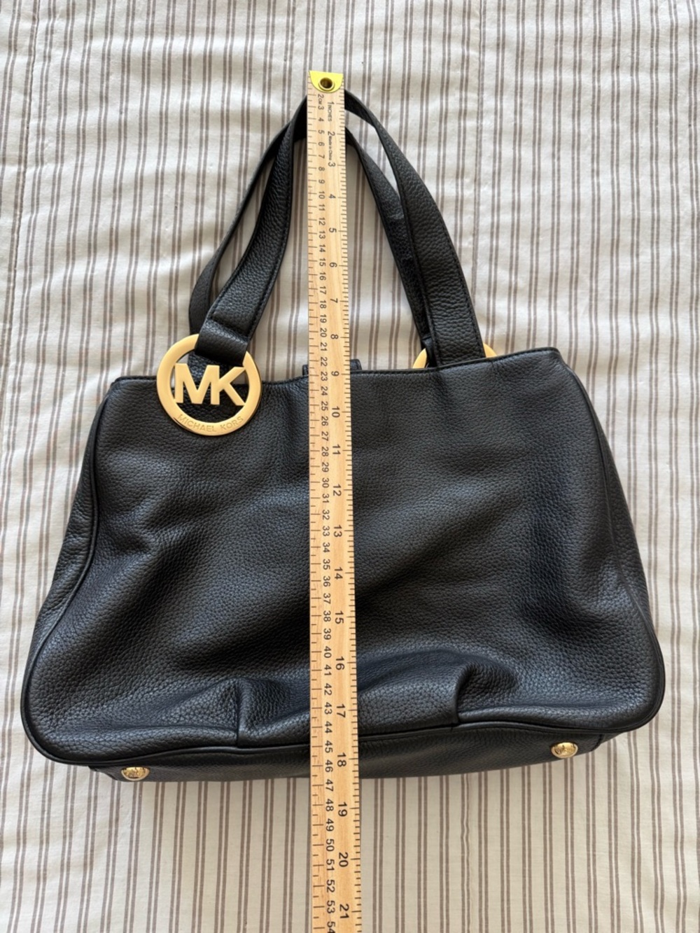 Michael Kors Black Leather Tote with Gold MK Logo Charm - Picture 9 of 13
